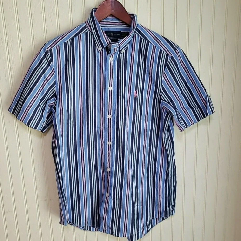 Ralph‎ Lauren Shirt Boys XL 18-20 Blue Stripe Button Down Short Sleeve Pony Logo